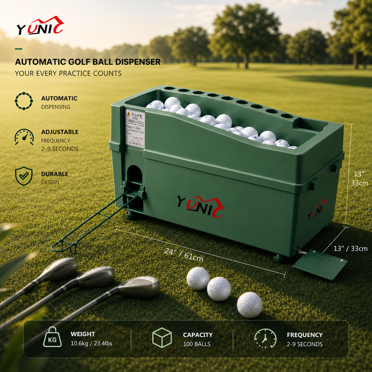 Dispensador automático de pelotas de golf con altura ajustable y almacenamiento