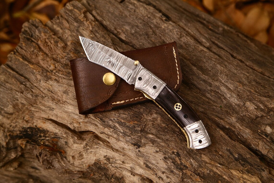 Artisan Crafted Damascus Steel Tanto Folding Knife | 3-Inch Blade, Wenge Wood Handle, Leather Sheath | Ideal Groomsman Gift - Korvel