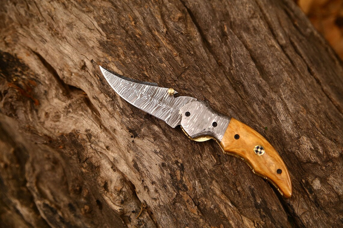 Exquisite Handmade Damascus Steel EDC Folding Knife | 3-Inch Blade, Bone Handle, Leather Sheath | Perfect Gift by KBS Knives - Korvel