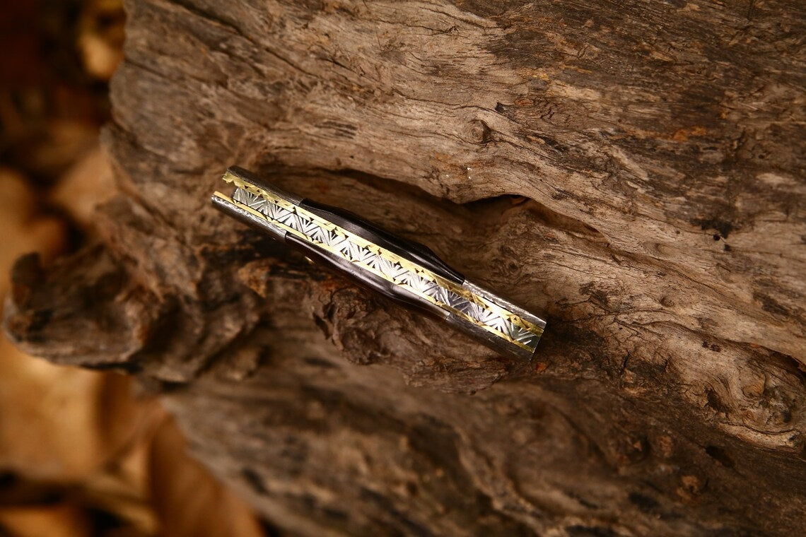 Exquisite Custom Damascus Steel Folding Pocket Knife – 3-Inch Blade with Sheep Horn Handle & Leather Case – Ideal Gift by KBS Knives - Korvel