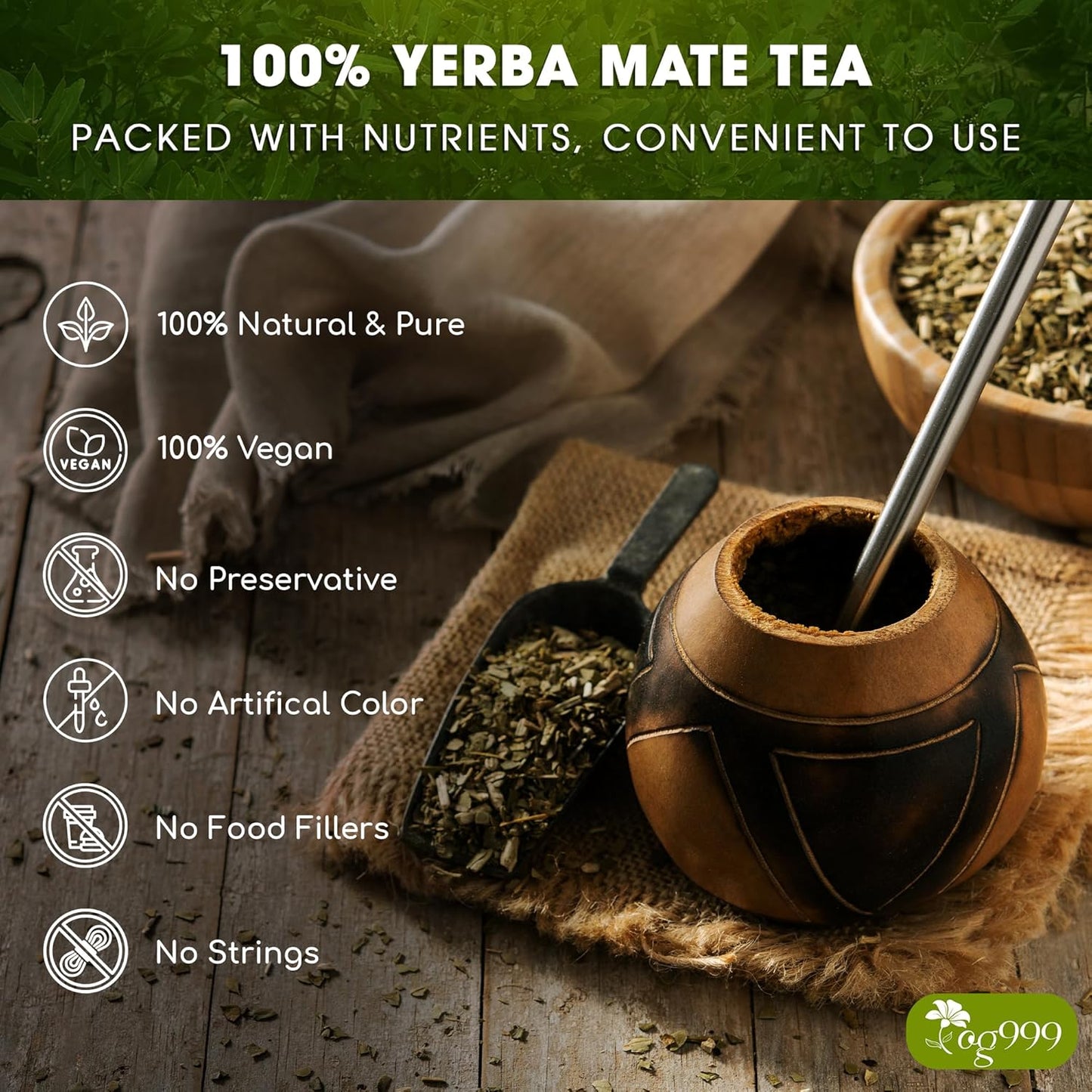 Yerba Mate Tea Bags, Hi-Caffeine, Unsmoked Yerba Mate Tea Bags, Super-Green Yerba Mate, No Dust - Korvel