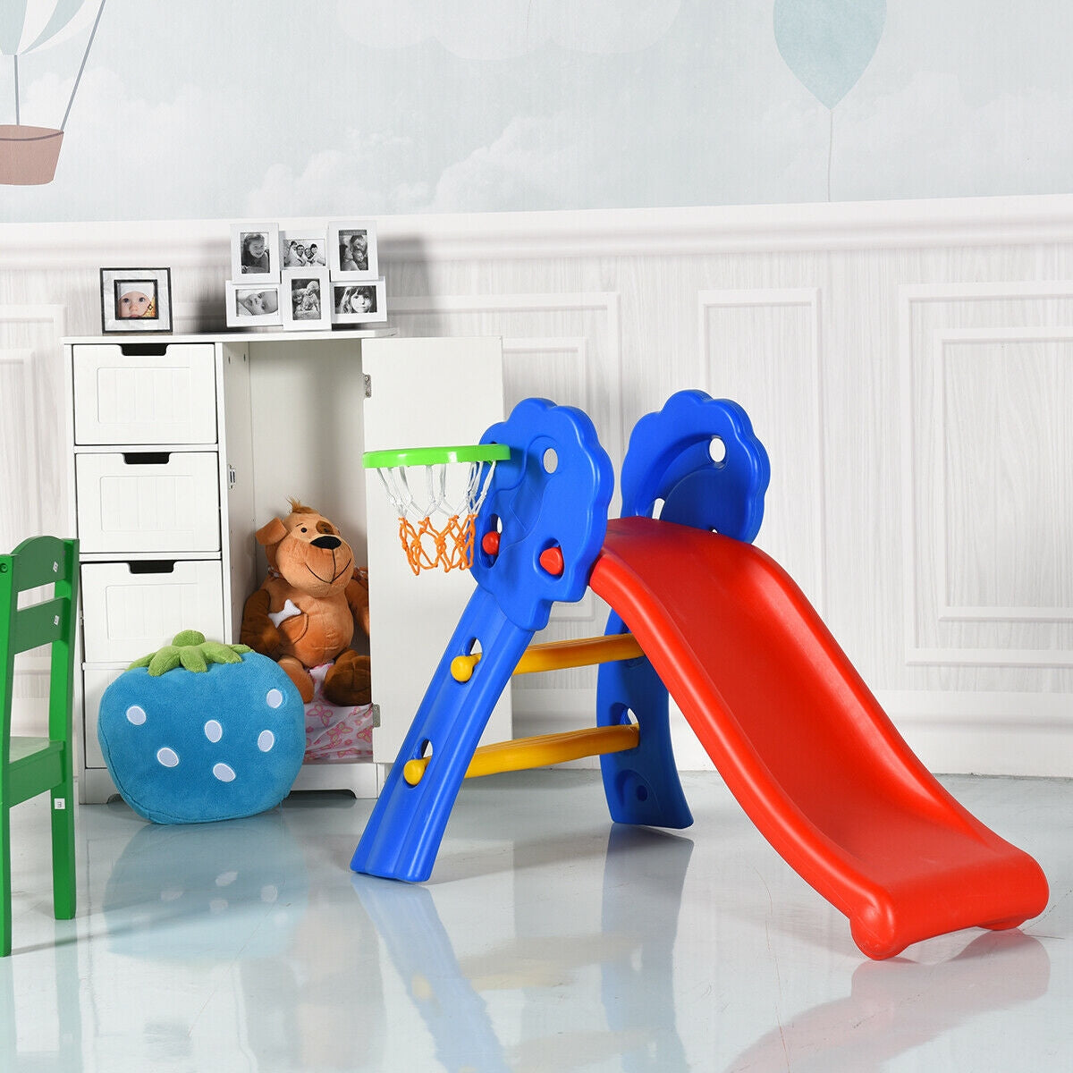2 Step Indoor Kids Plastic Folding Slide with Basketball Hoop