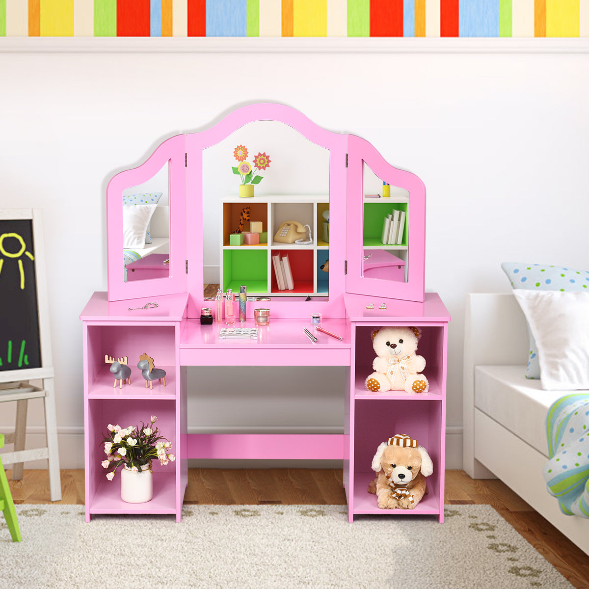 Kids Tri Folding Mirror Makeup Vanity Table Set - Pink