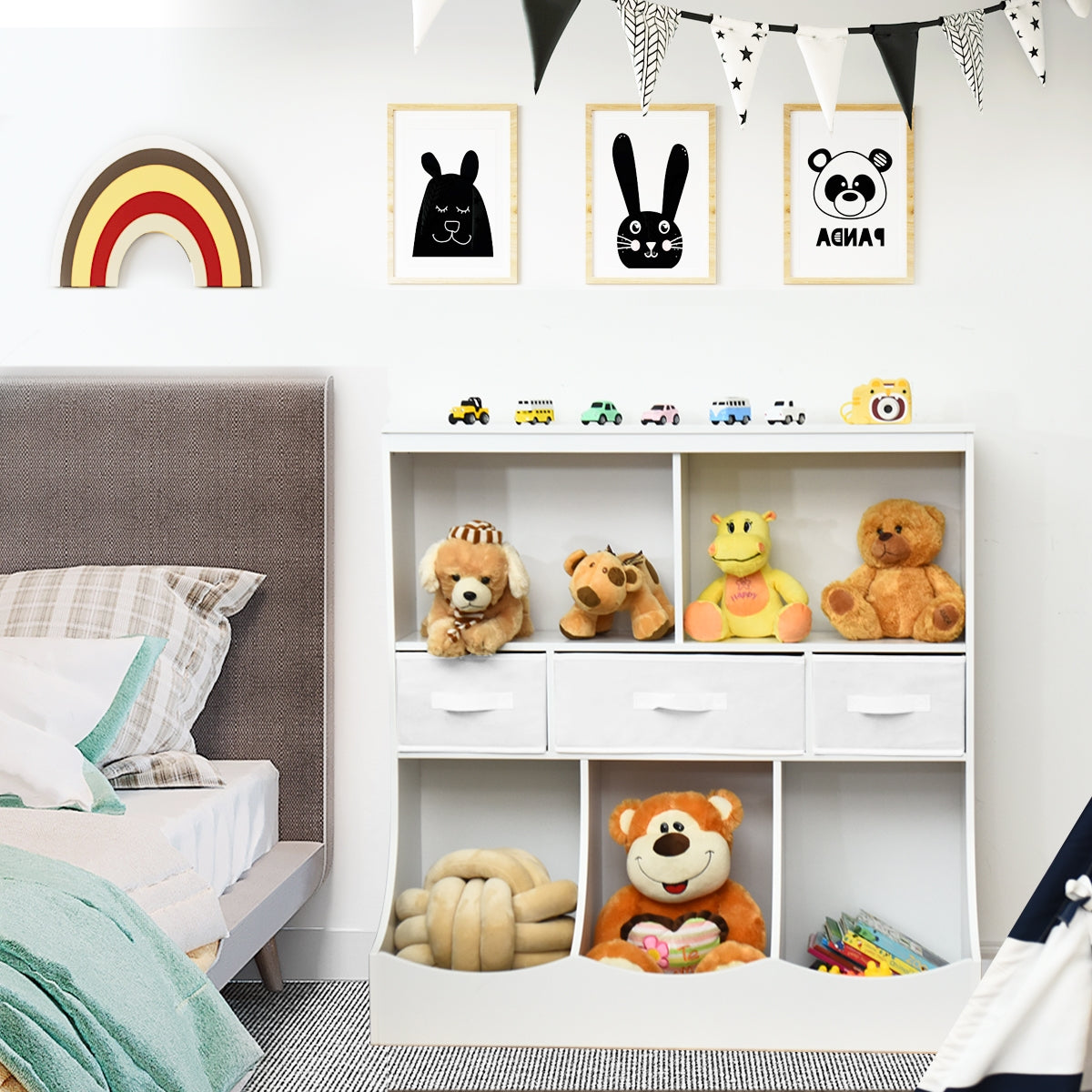 Freestanding Combo Cubby Bin Storage Organizer Unit with 3 Baskets - White