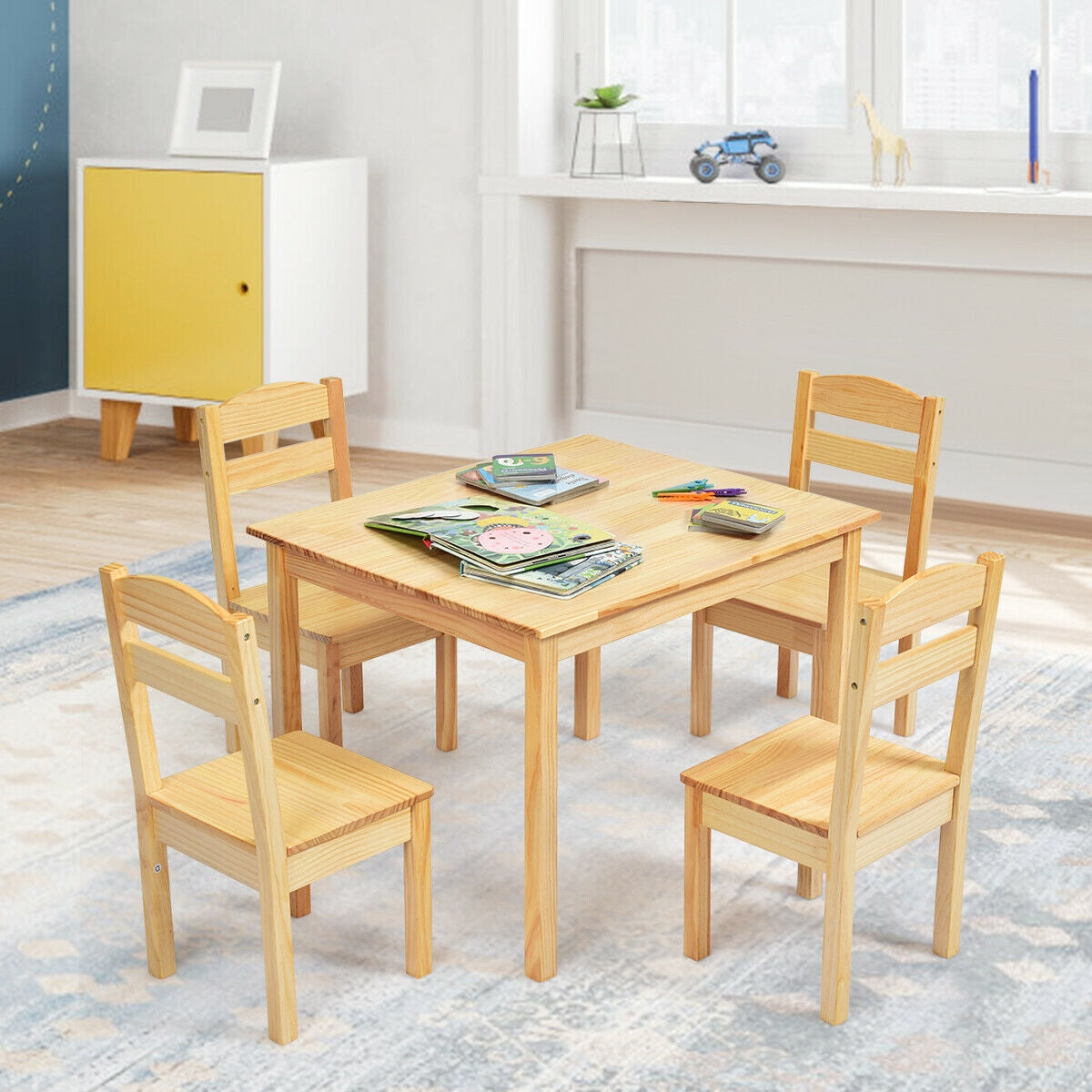 Juego de Mesa y Sillas de Madera de Pino para Niños de 5 Piezas