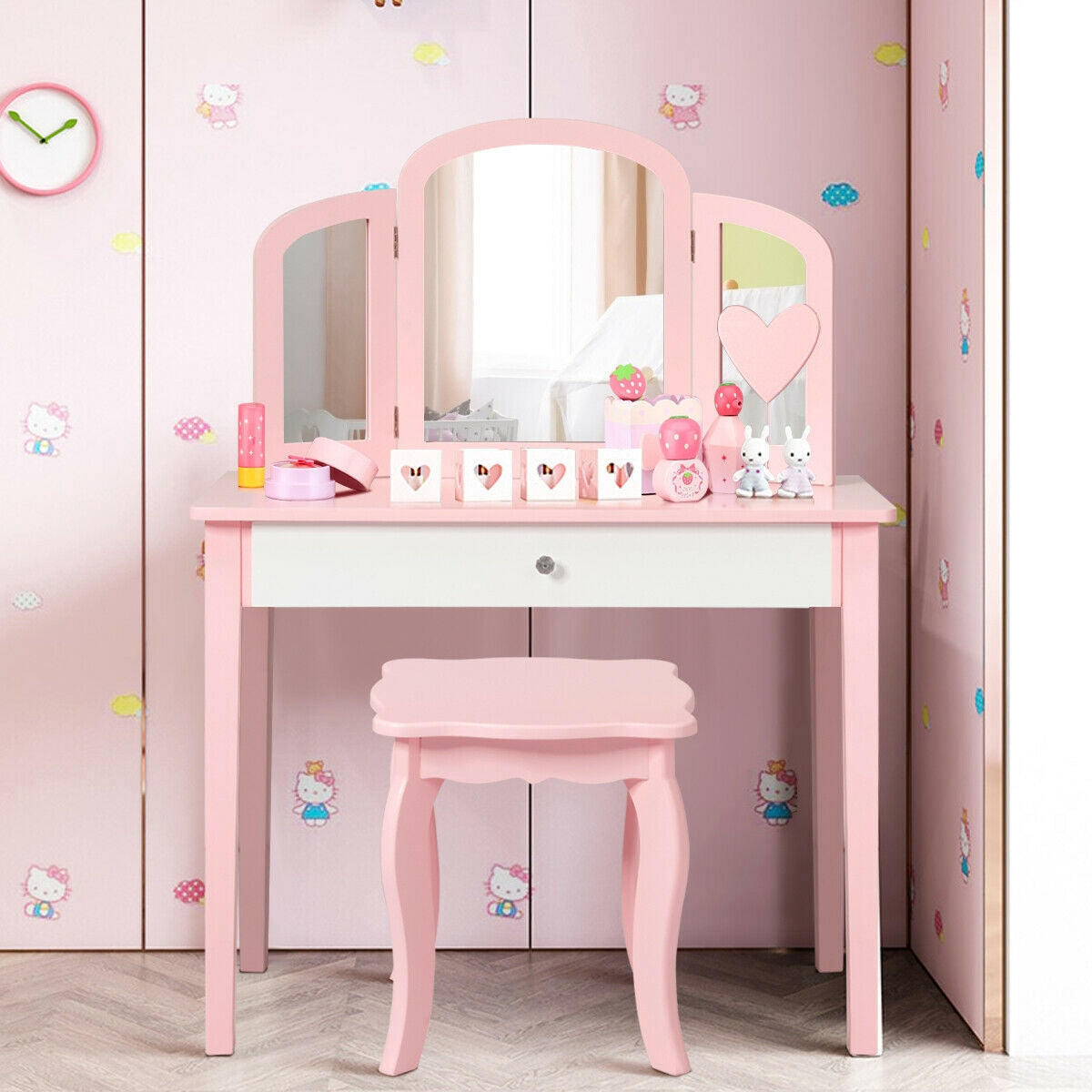 Kids Princess Make Up Dressing Table with Tri-folding Mirror - Pink