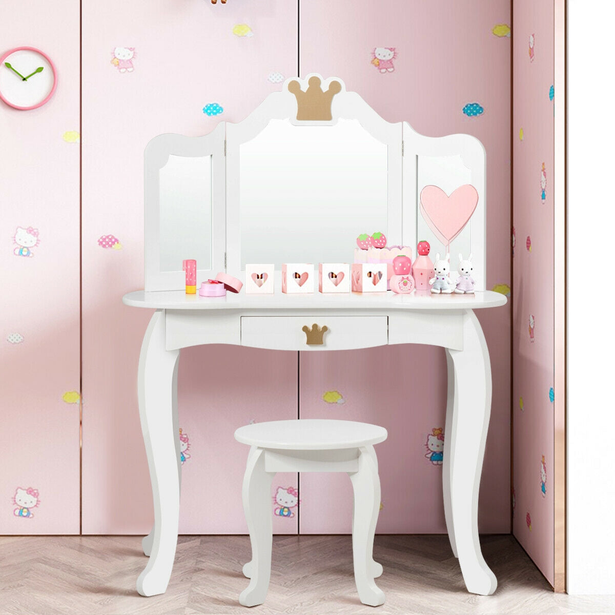 Kids Makeup Dressing Table with Tri-fold Mirror and Stool - White