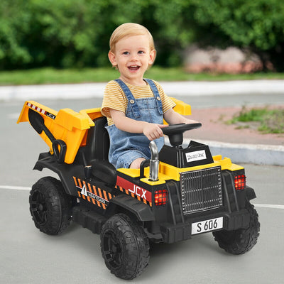 12V Battery Kids Ride On Dump Truck with Electric Bucket - Yellow
