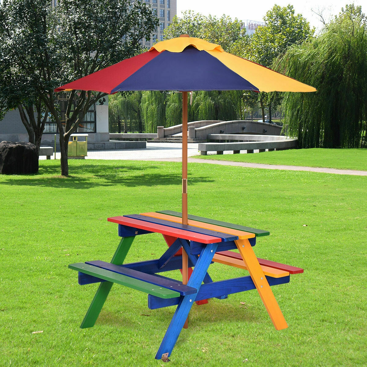 4 Seat Kids Picnic Table with Umbrella - Multicolor