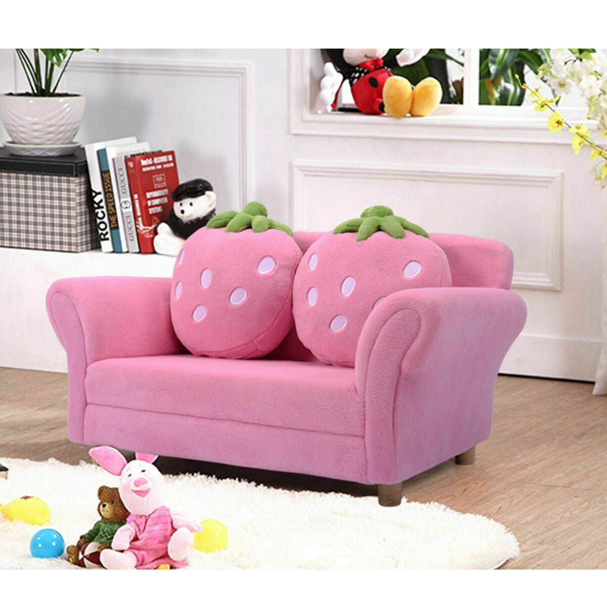 Kids Strawberry Armrest Chair Sofa with 2 Cute Pillows - Pink