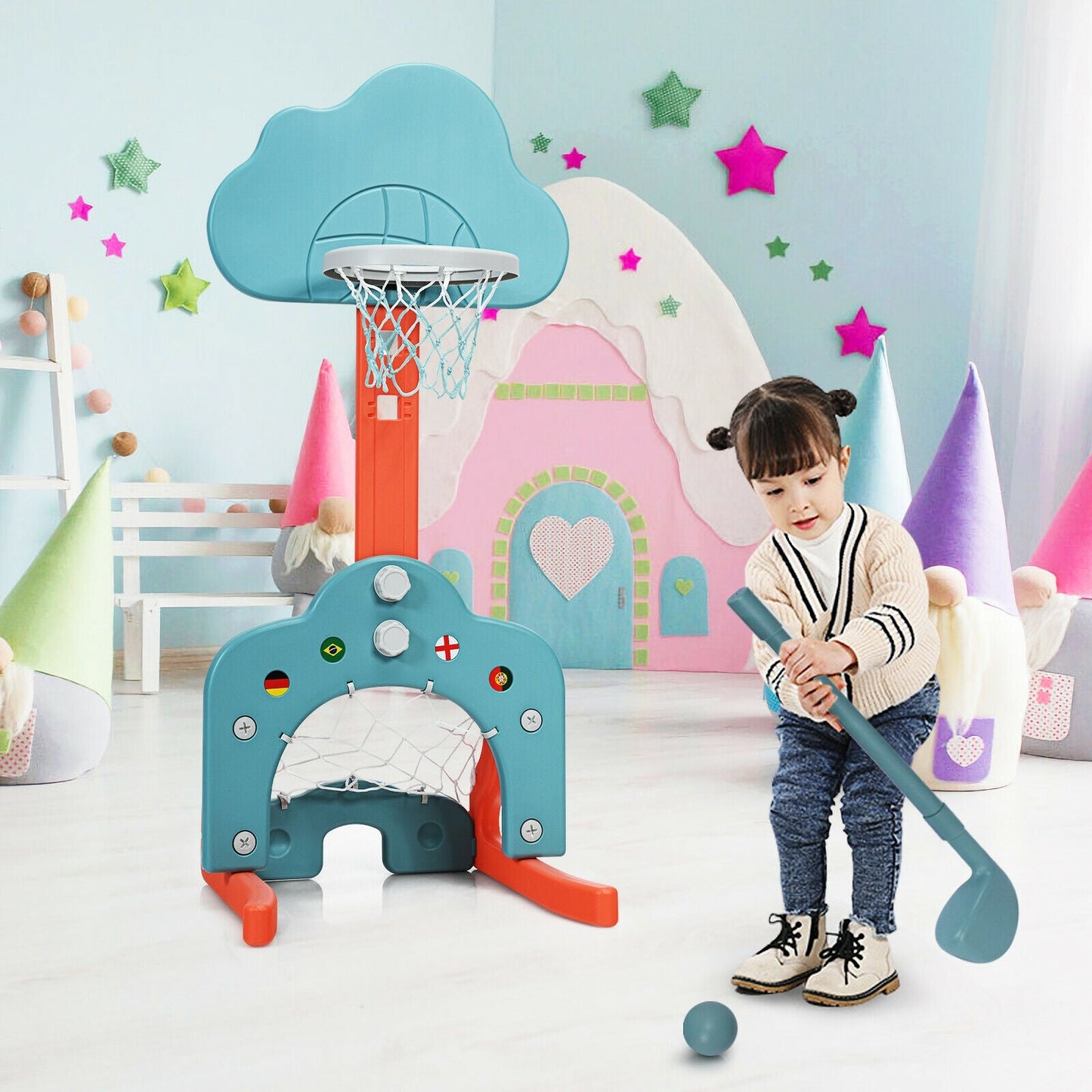 Ensemble de panier de basketball 3-en-1 pour enfants avec ballons - Vert