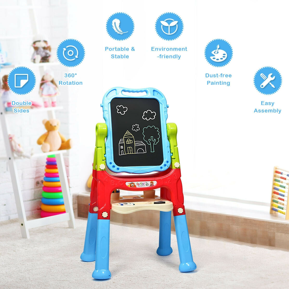 Height Adjustable Kids Art Easel - Magnetic Double Sided Board