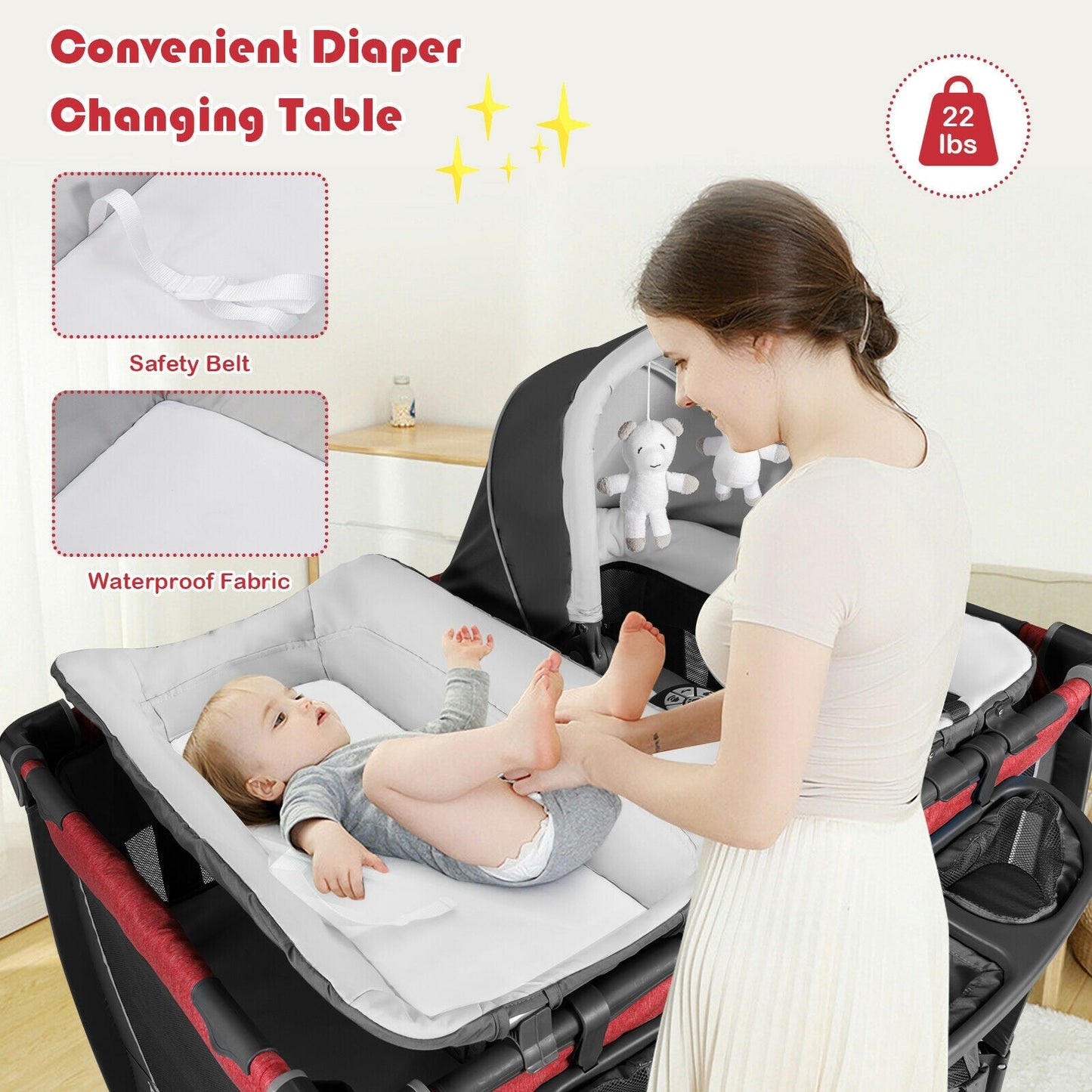 4-in-1 Convertible Portable Baby Play Yard with Toys & Music - Red