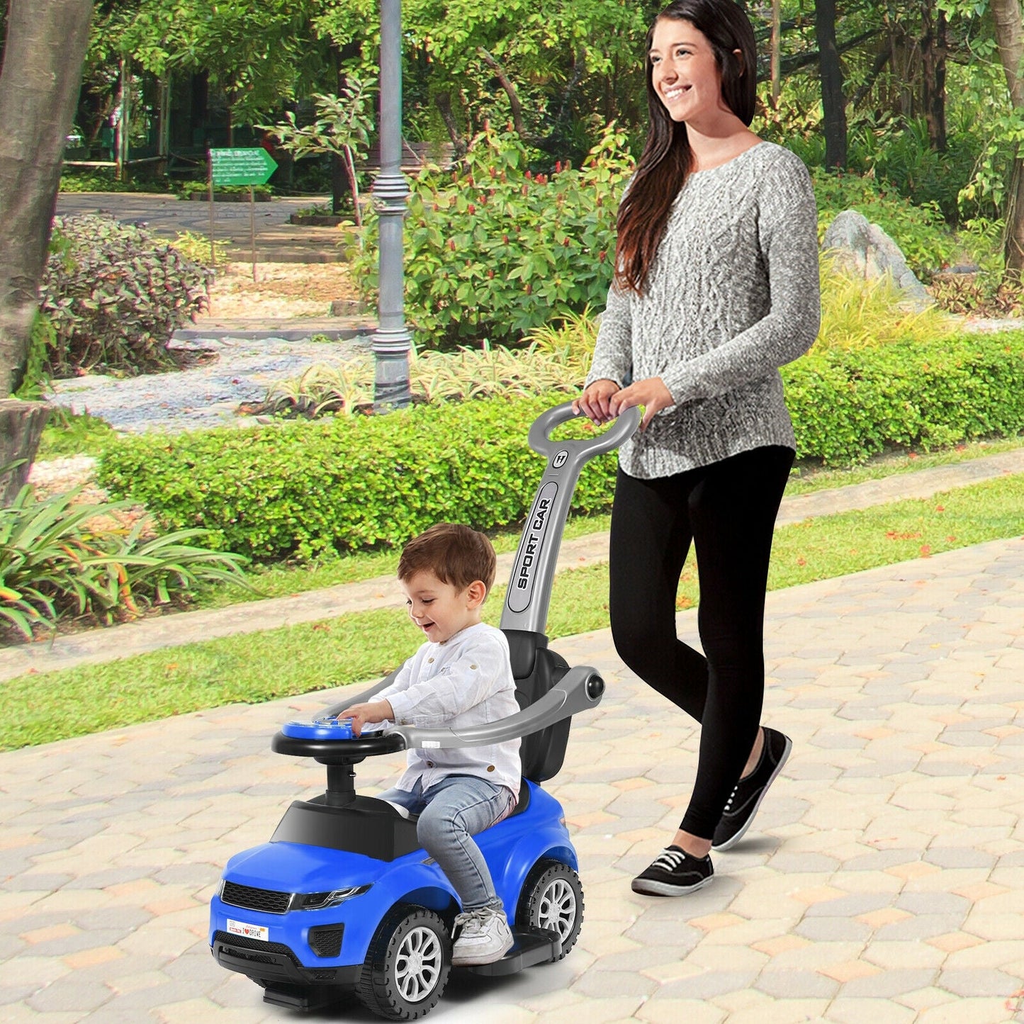 Poussette 3-en-1 pour Tout-Petit et Voiture à Pousser - Bleu