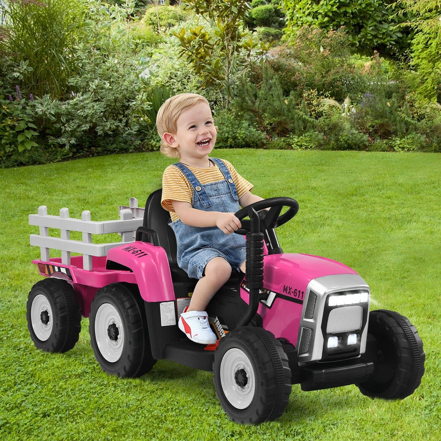 12V Pink Ride-On Tractor with Ground Loader for Kids 3+ Years