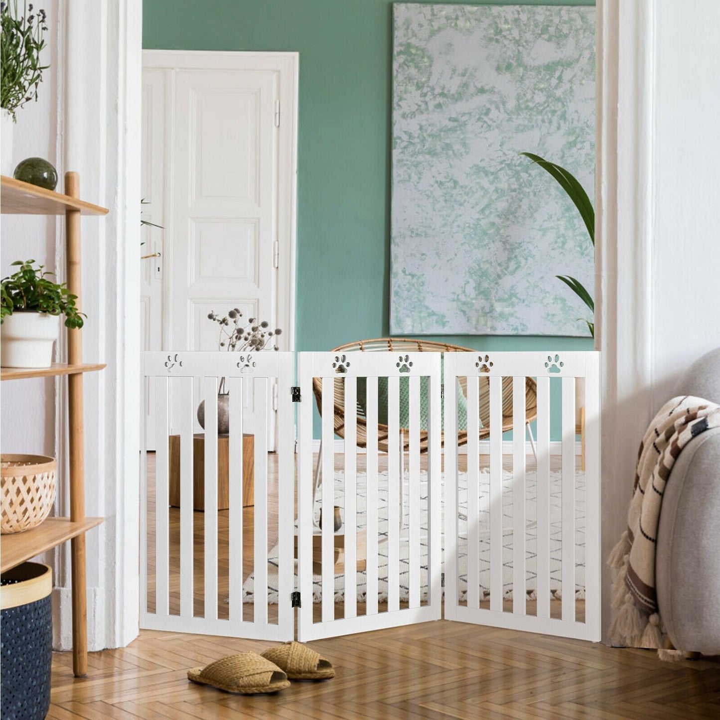 Puerta para mascotas de madera plegable independiente de 36 pulgadas - Blanca