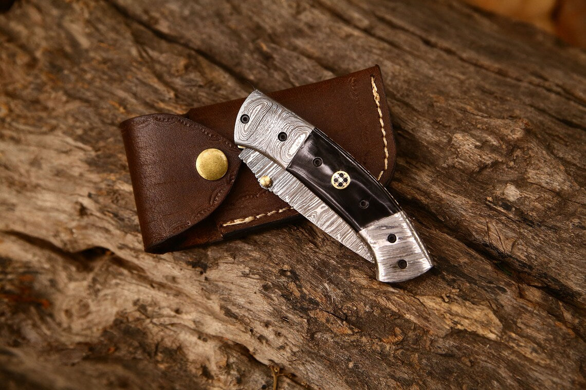 Exquisite Handmade Damascus Steel Tanto Folding Knife | 3-Inch Blade, Buffalo Horn Grip, Leather Sheath | Ideal Gift by KBS Knives - Korvel