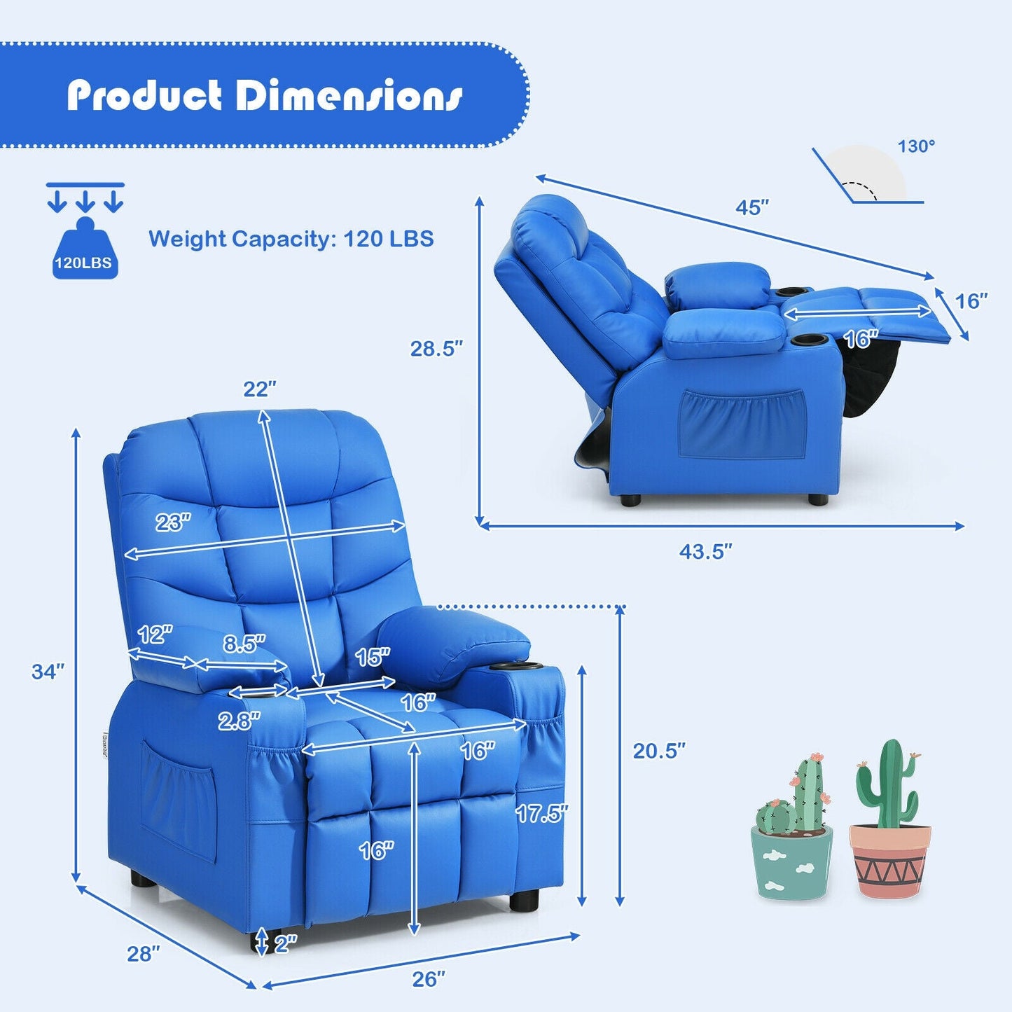 Sillón Reclinable para Niños con Portavasos y Reposapiés - Azul