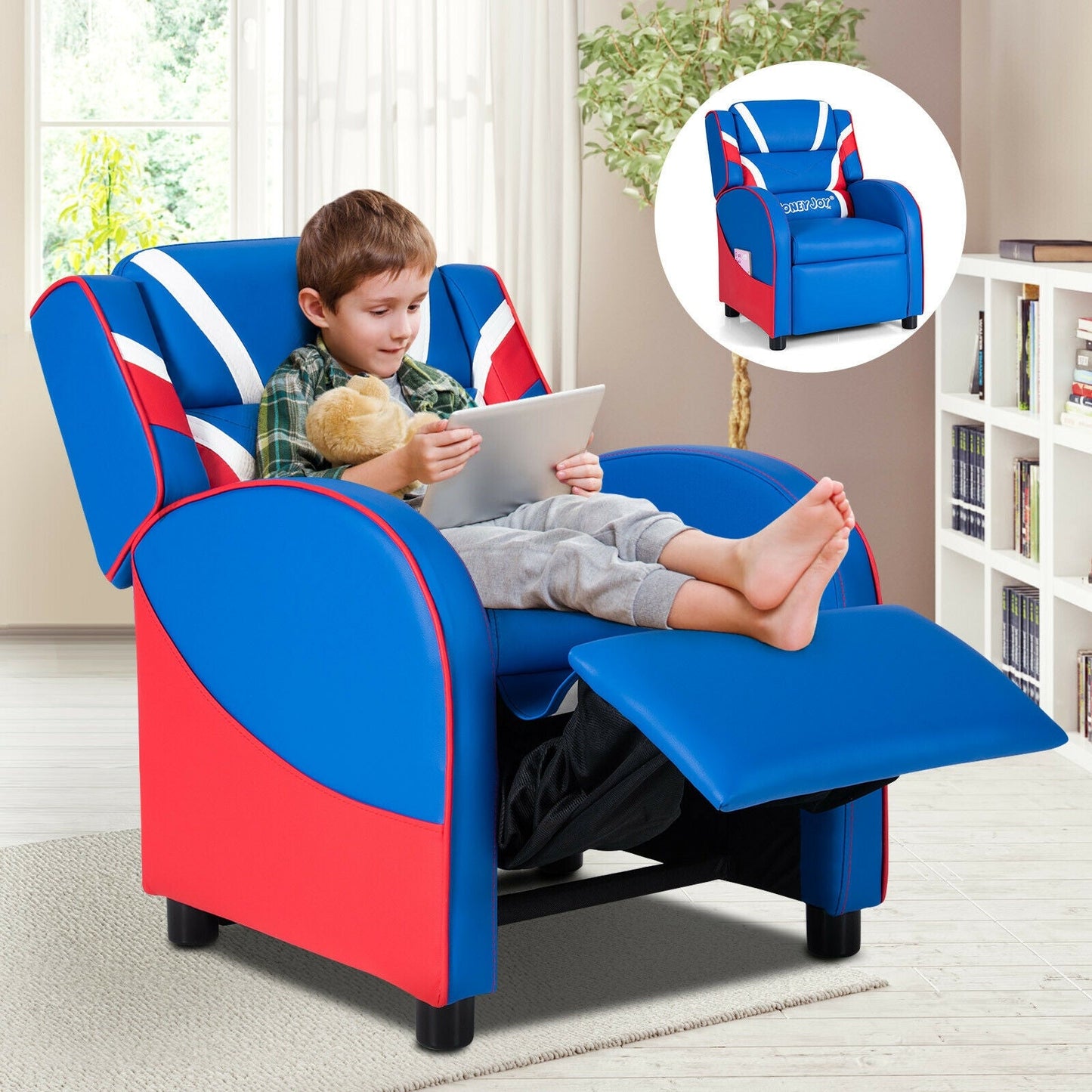 Fauteuil inclinable en cuir pour enfants avec poches latérales - Bleu