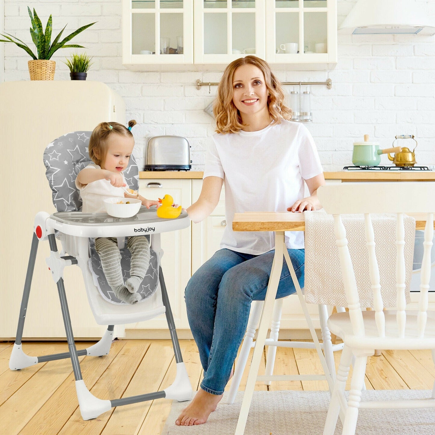 Chaise Haute Pliable pour Bébé avec Réglage de Hauteur à 6 Niveaux - Gris