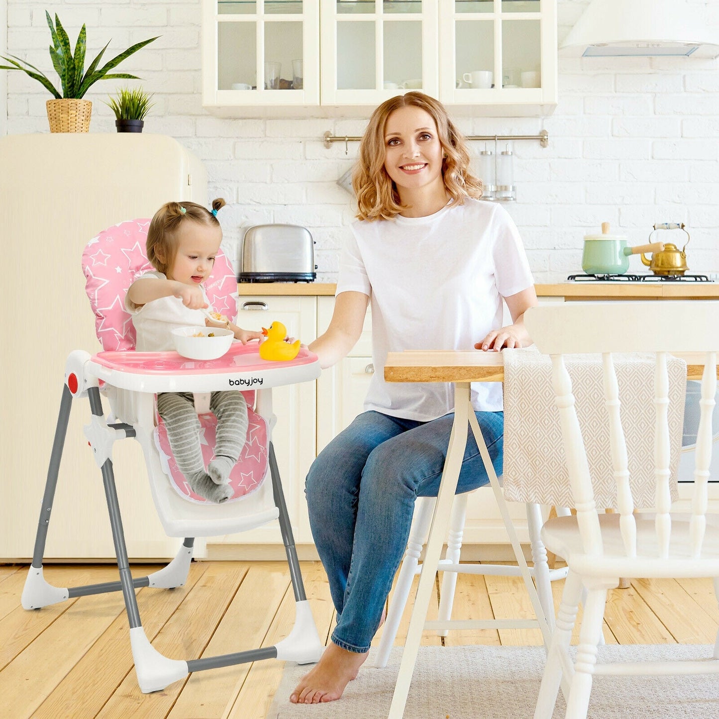 Folding Baby High Dining Chair with 6-Level Height Adjustment - Pink