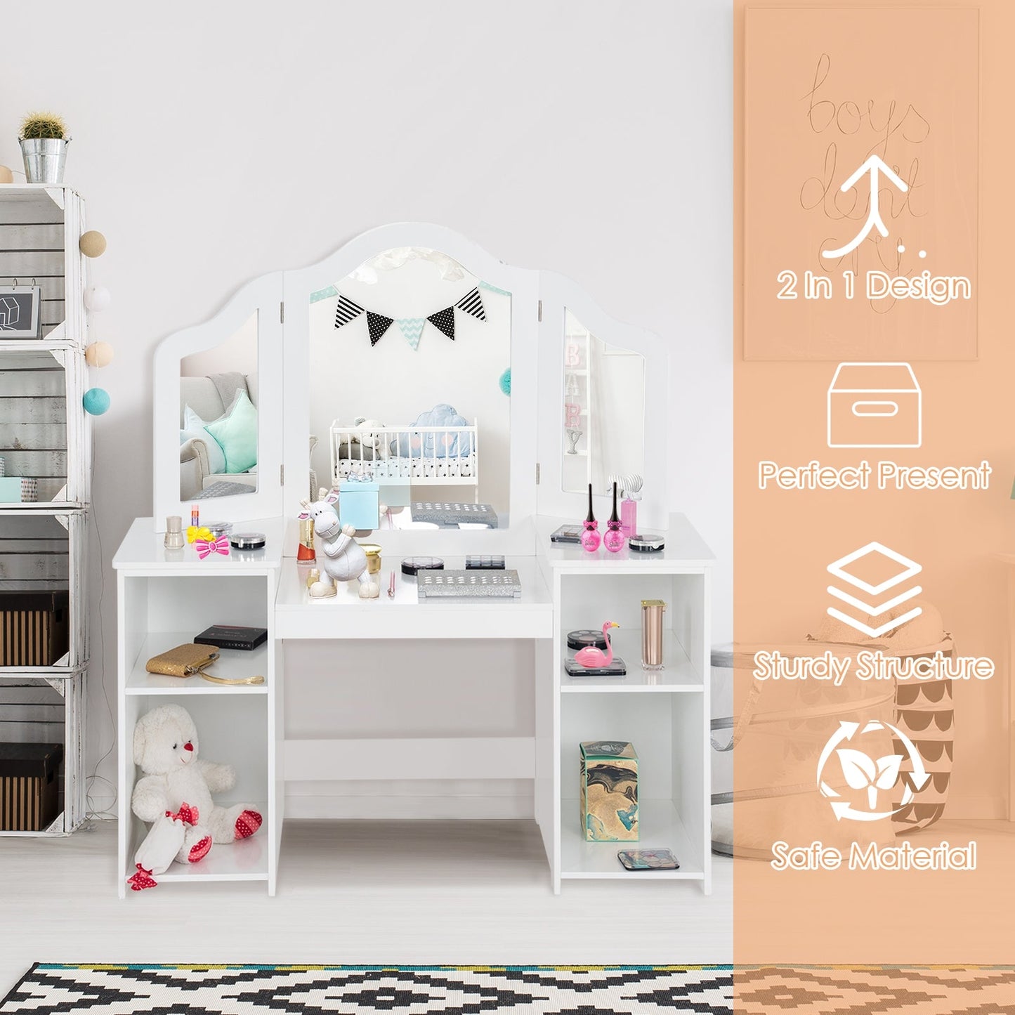 Kids Tri Folding Mirror Makeup Vanity Table Set - White