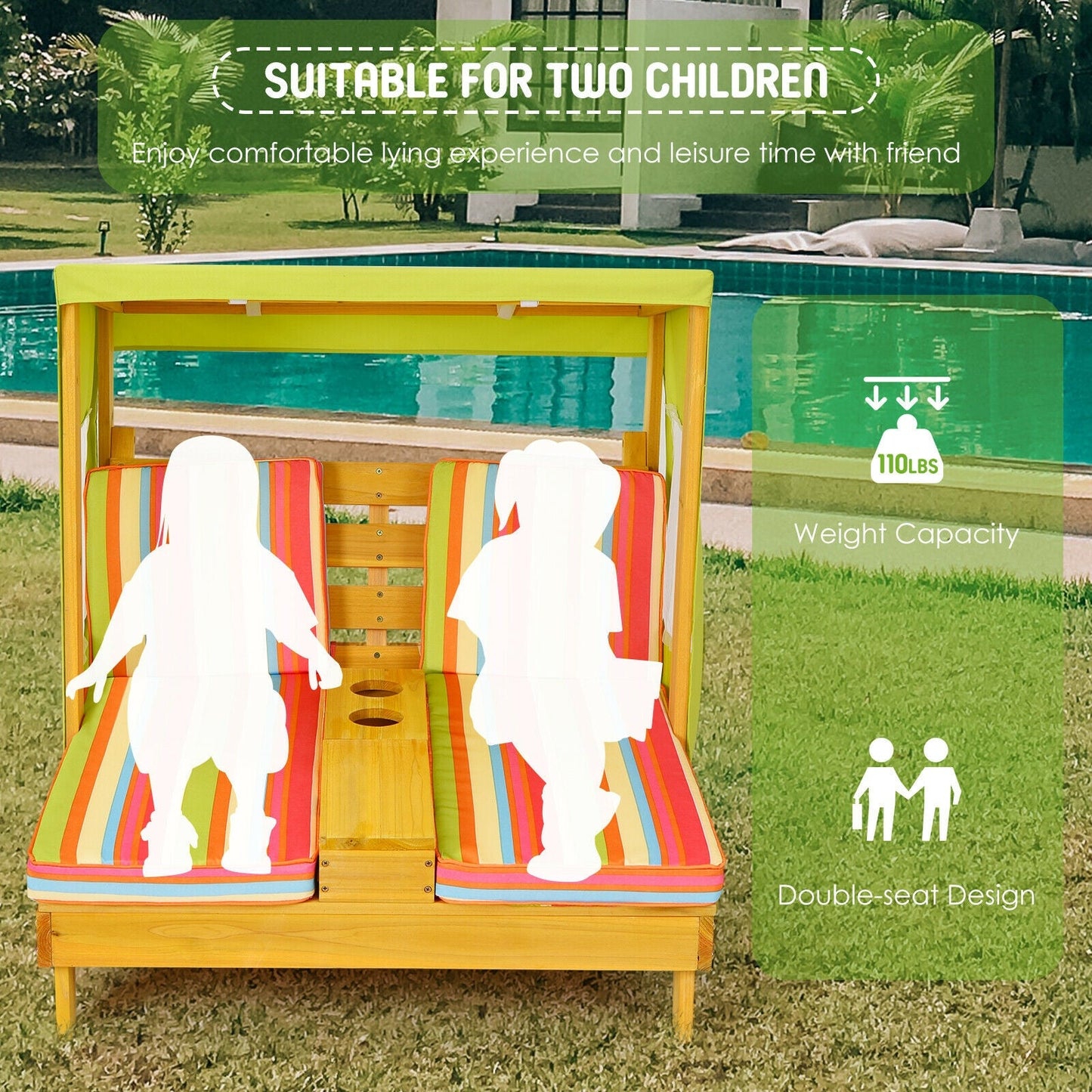 Kids Patio Lounge Chair with Cup Holders and Awning - Multicolor