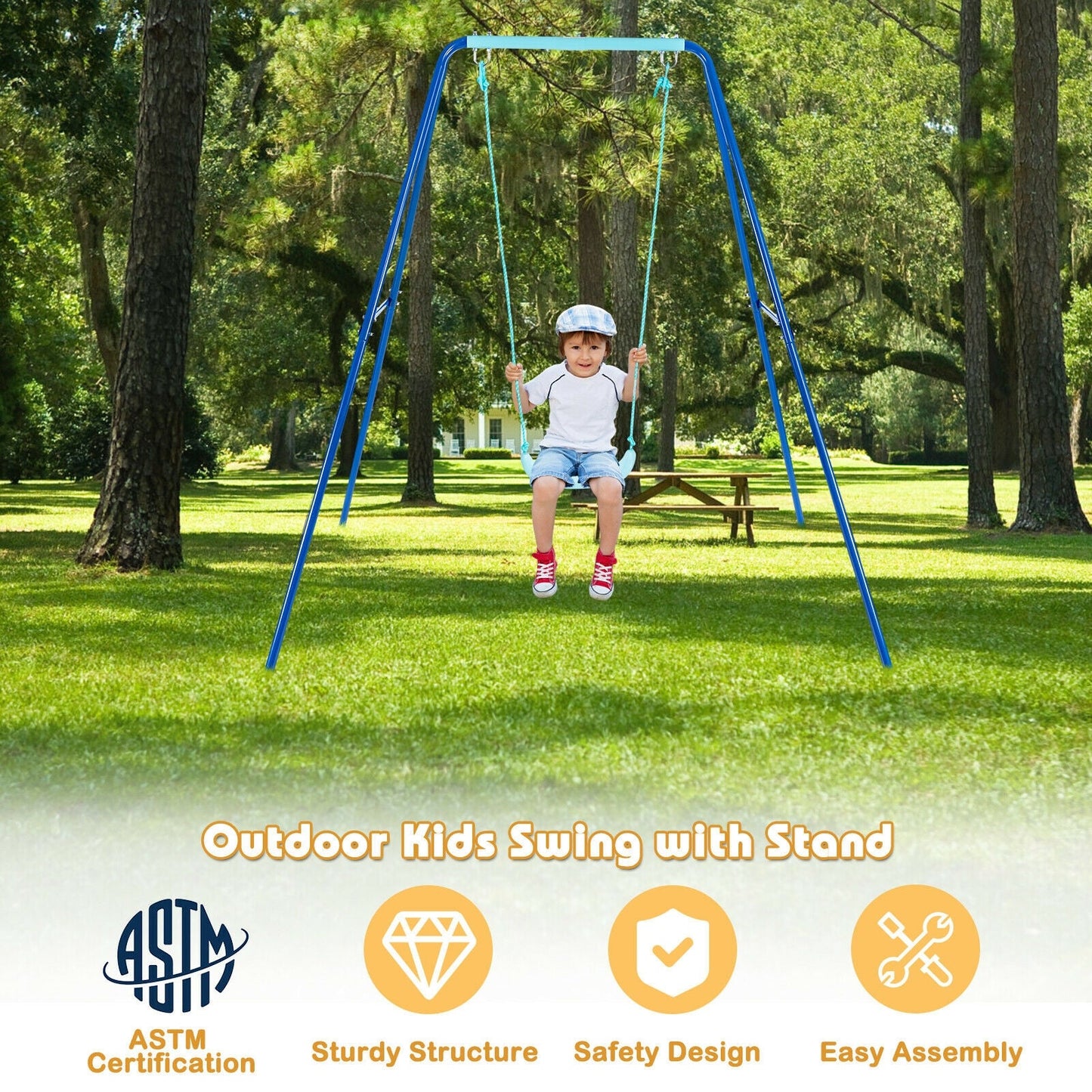 Outdoor Kids Swing Set with Heavy-Duty Metal A-Frame - Blue