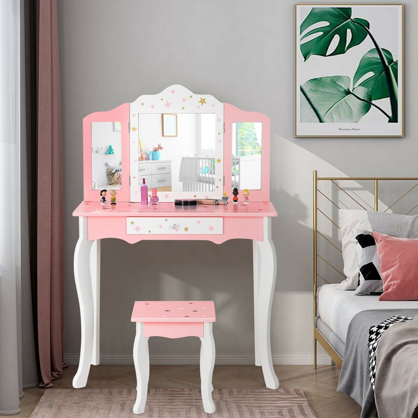 Kids Princess Vanity Table and Stool Set - Pink