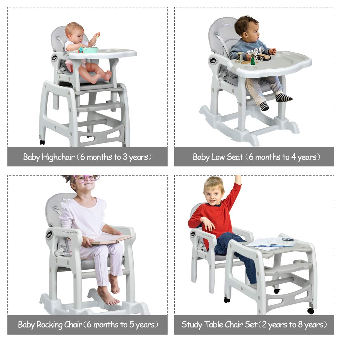 3-in-1 Convertible Baby High Chair with Lockable Wheels - Gray