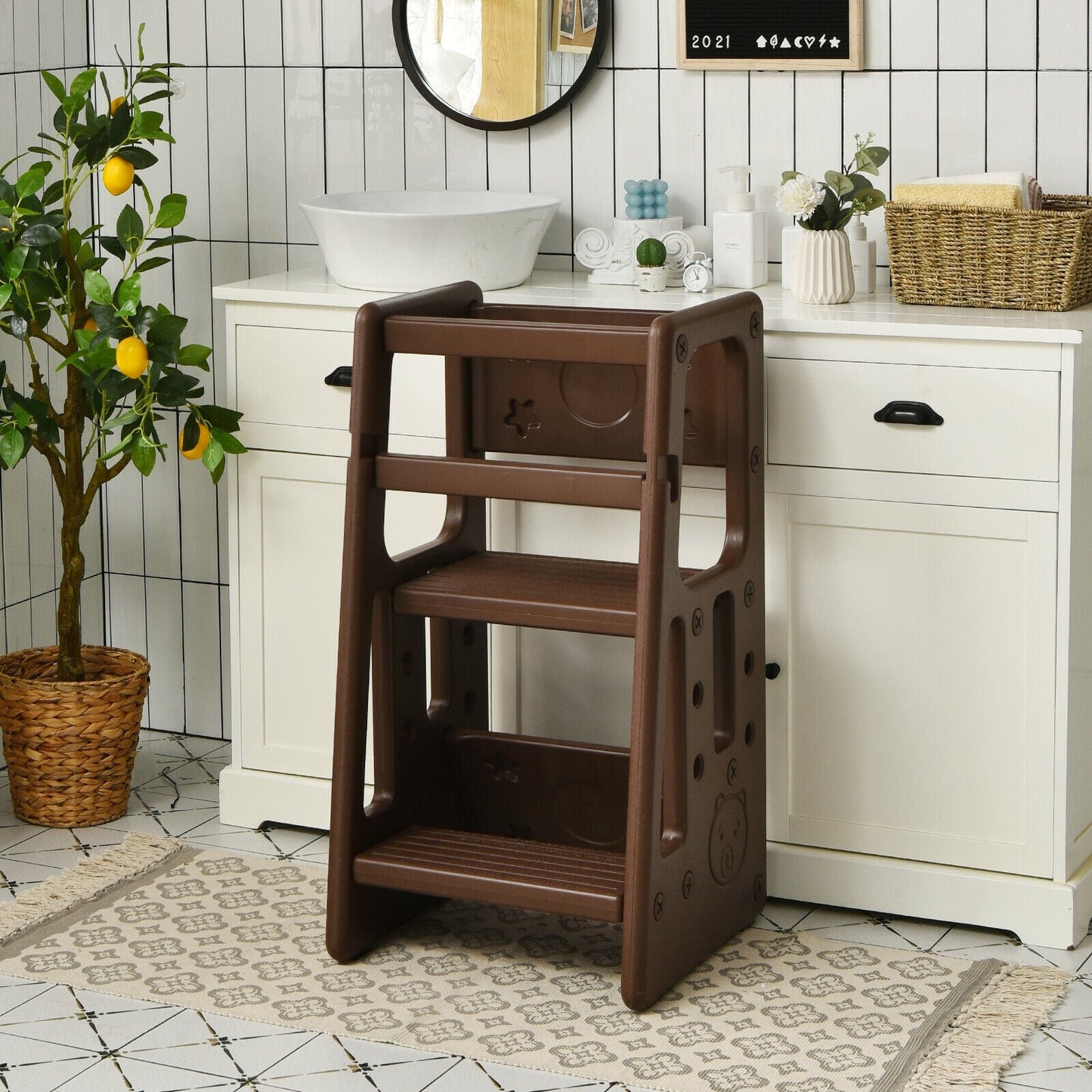 Kids Kitchen Step Stool with Double Safety Rails - Brown