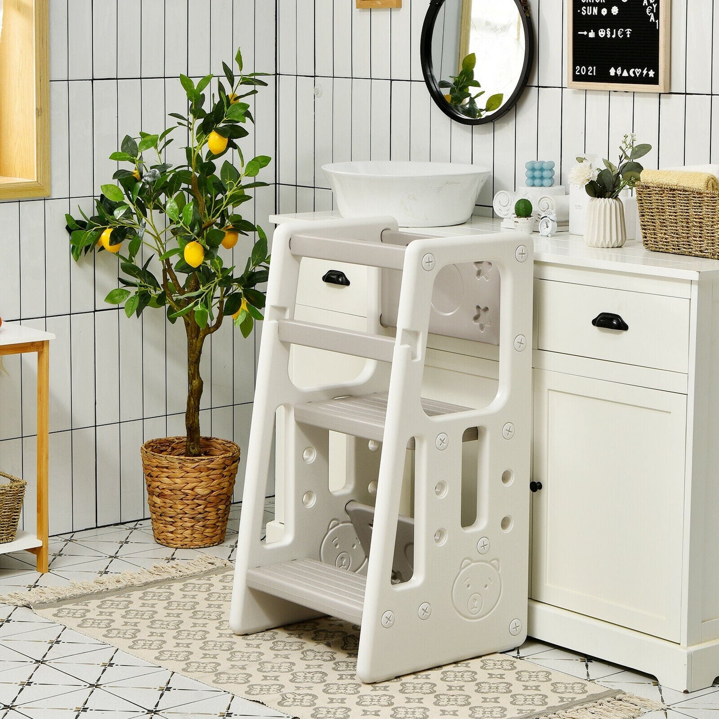 Kids Kitchen Step Stool with Double Safety Rails - Gray