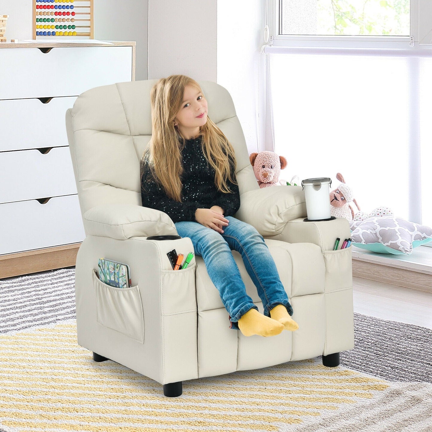 Fauteuil inclinable pour enfants avec porte-gobelet et repose-pieds - Beige