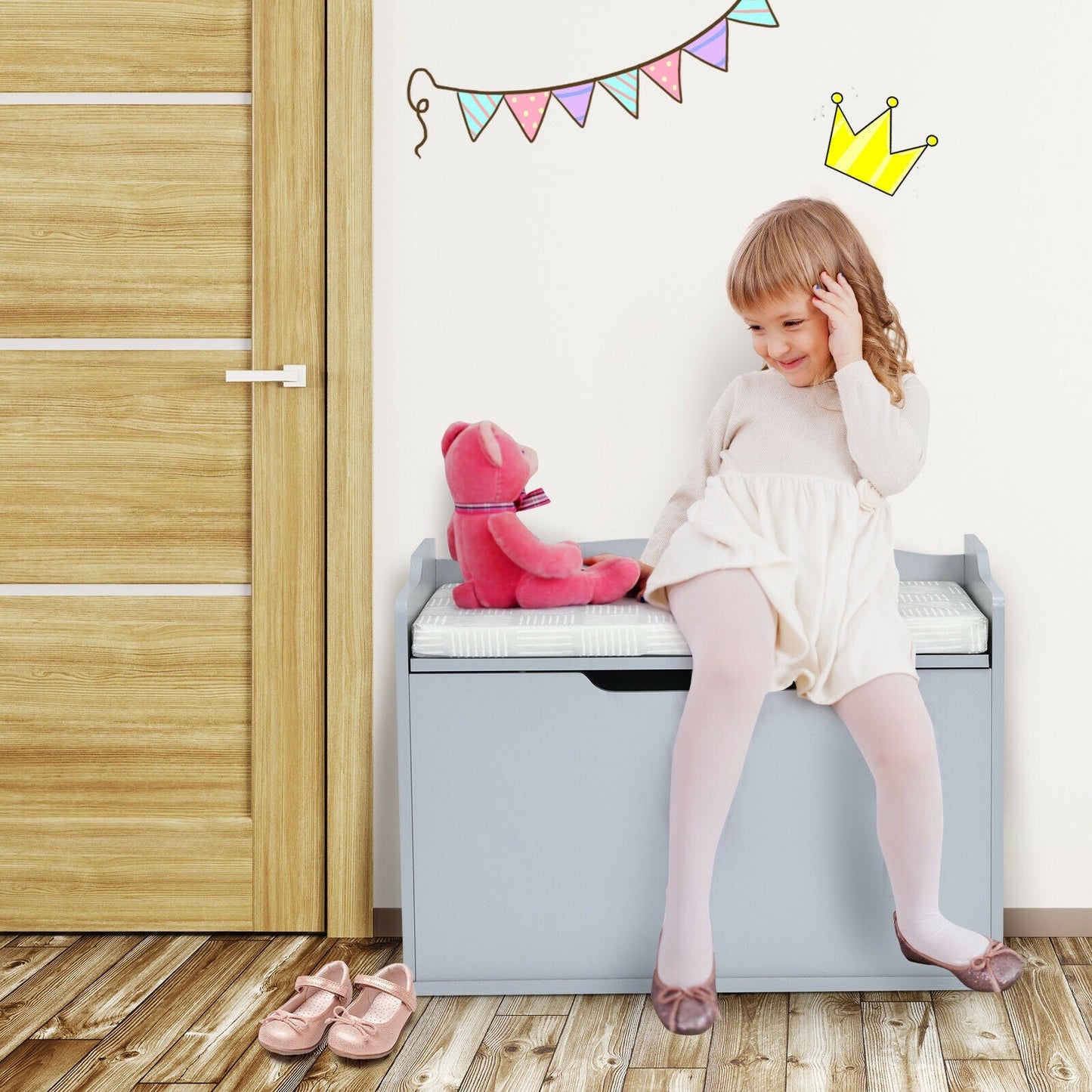 Banco de Almacenamiento de Madera para Niños con Tapa Abatible y Cojín - Gris