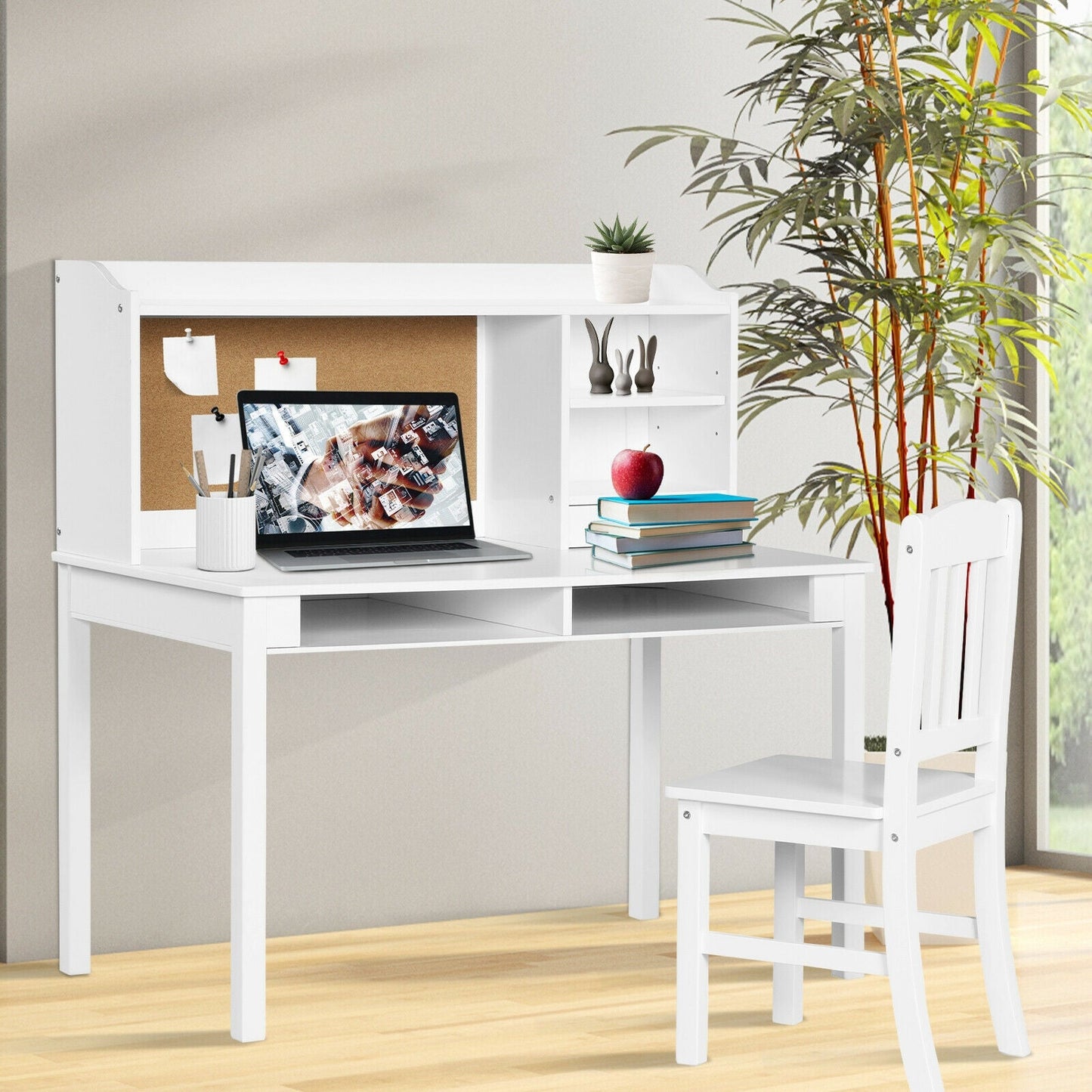 Kids Desk and Chair Set with Hutch and Bookshelves - White
