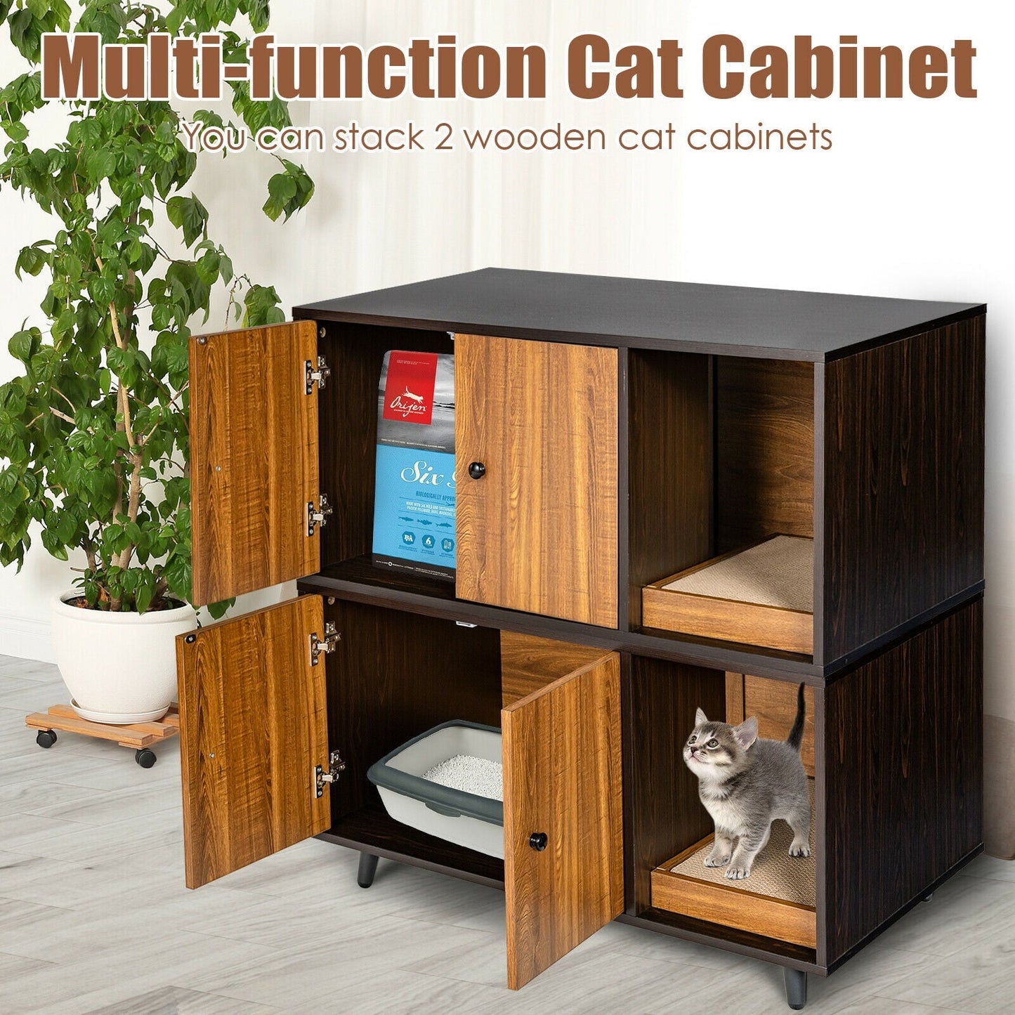 Cat Litter Box Enclosure with Divider and Double Doors - Coffee