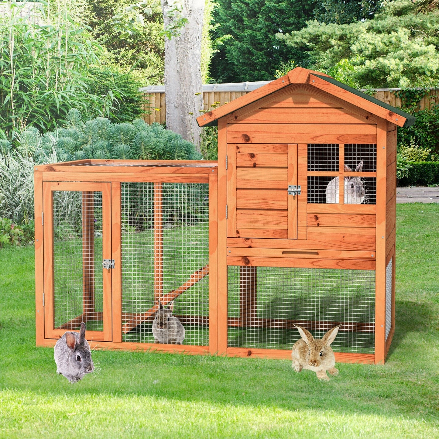 Premium 2-Story Wooden Rabbit Hutch with Running Area
