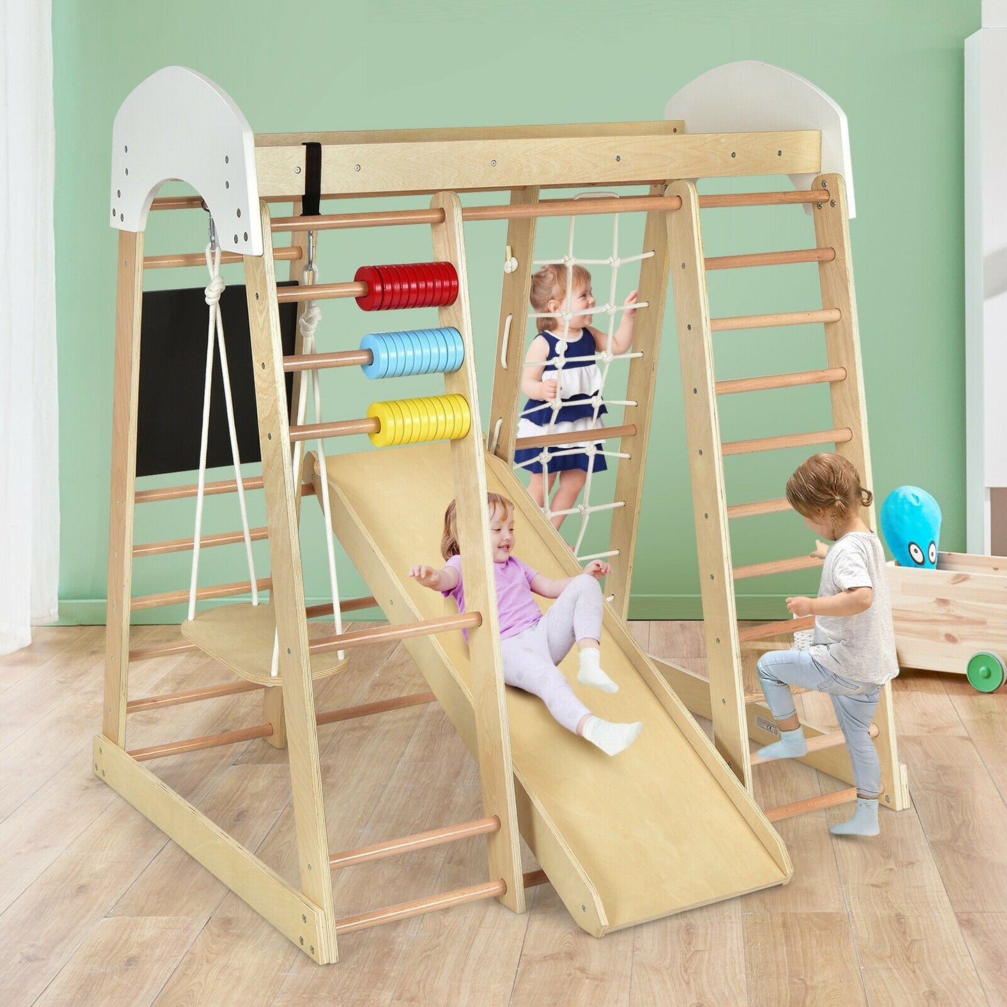 Aire de jeux intérieure en bois 8-en-1 pour enfants