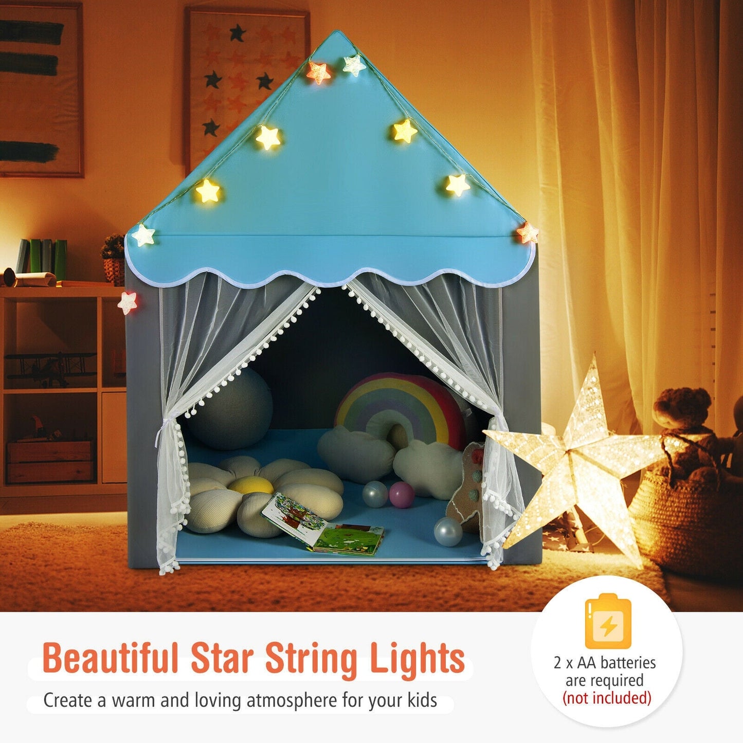 Kids Playhouse Tent with Colorful Star Lights and Mat - Blue