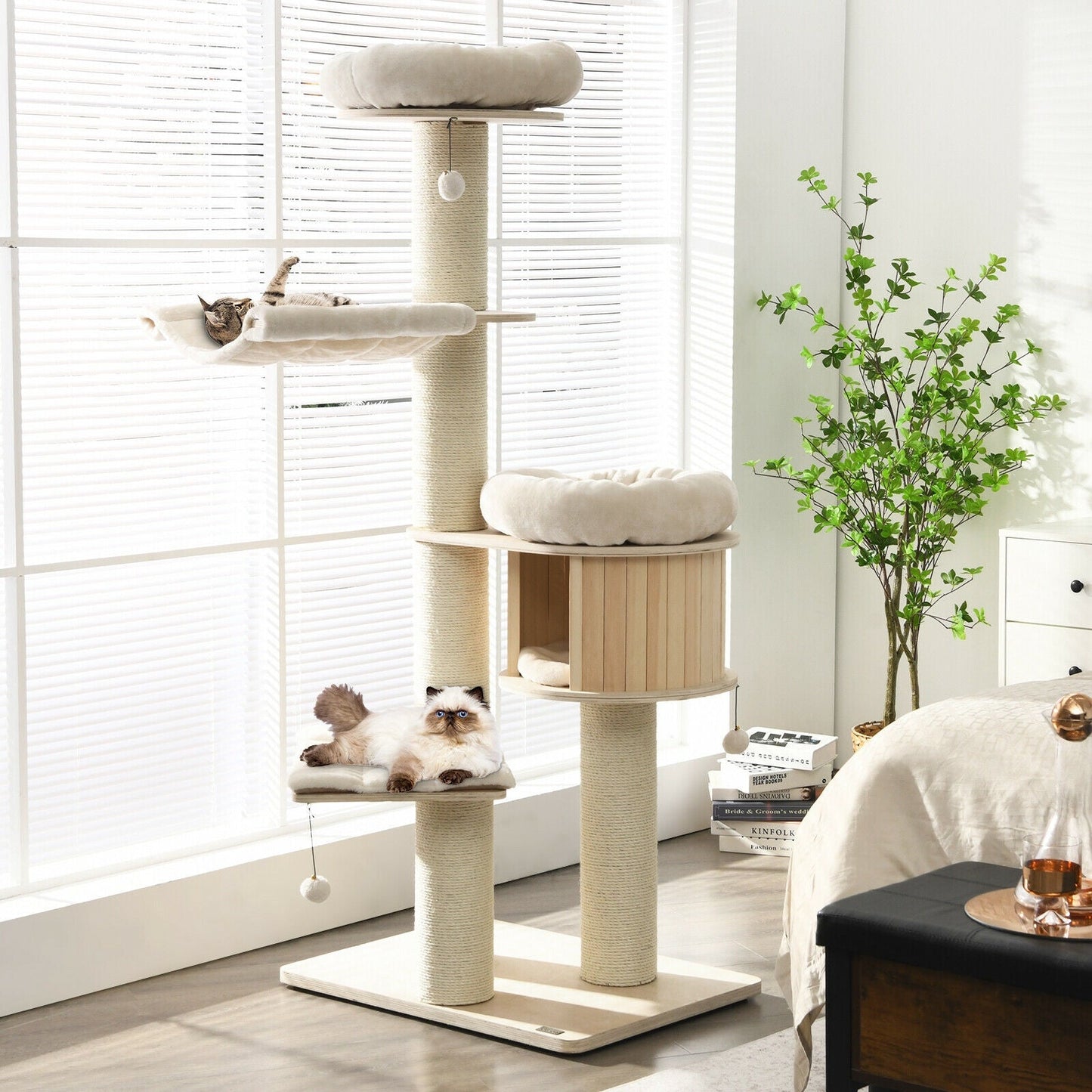 4-Layer 68.5-Inch Wooden Cat Tree Condo with Sisal Posts
