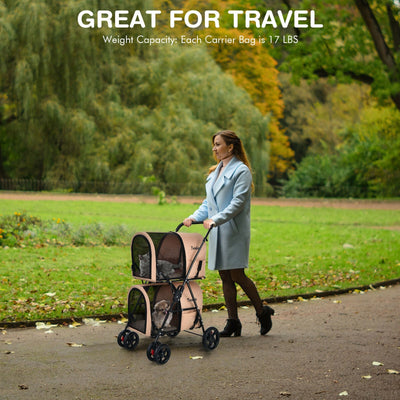4-in-1 Double Pet Stroller with Detachable Carrier - Beige