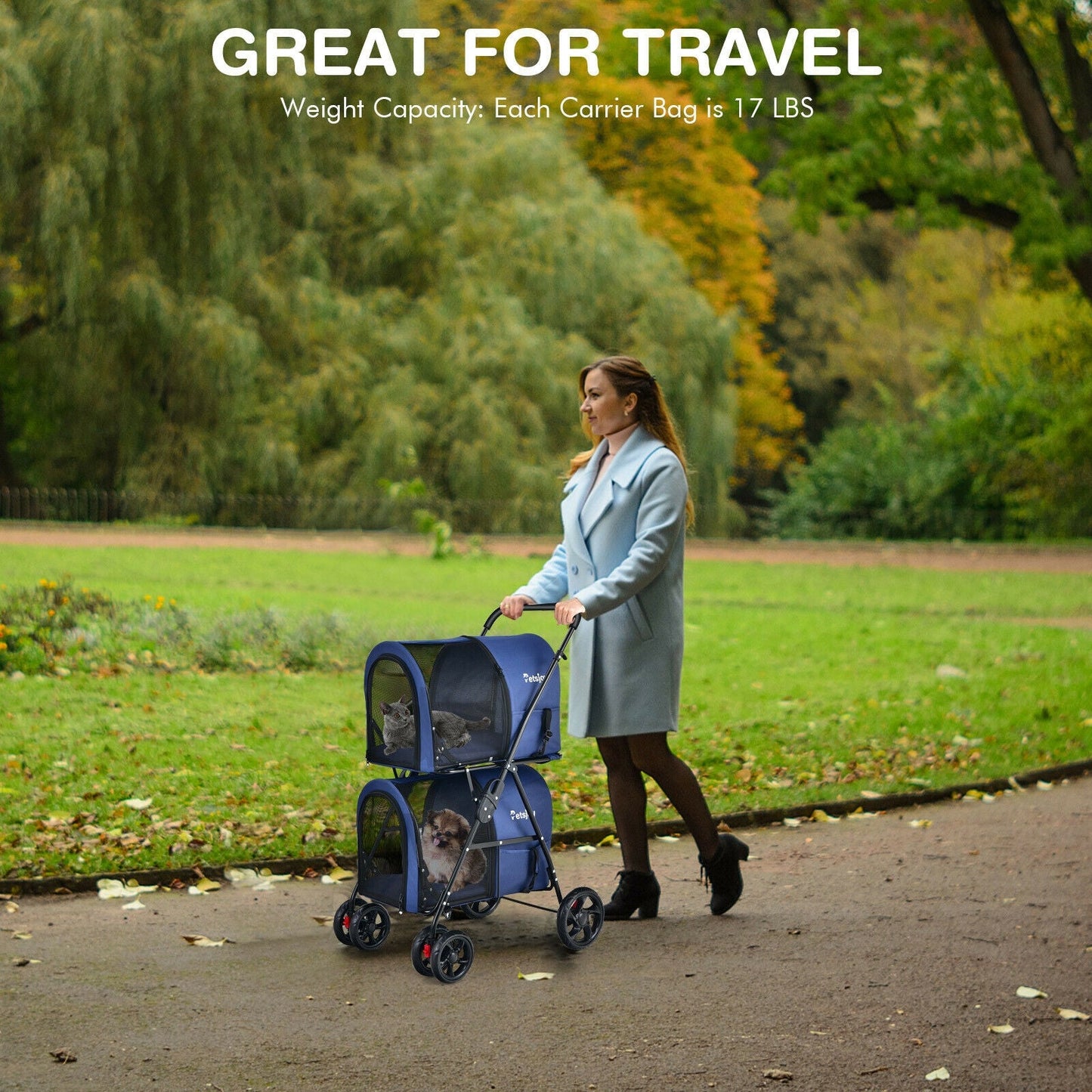 4-in-1 Double Pet Stroller with Detachable Carrier - Blue