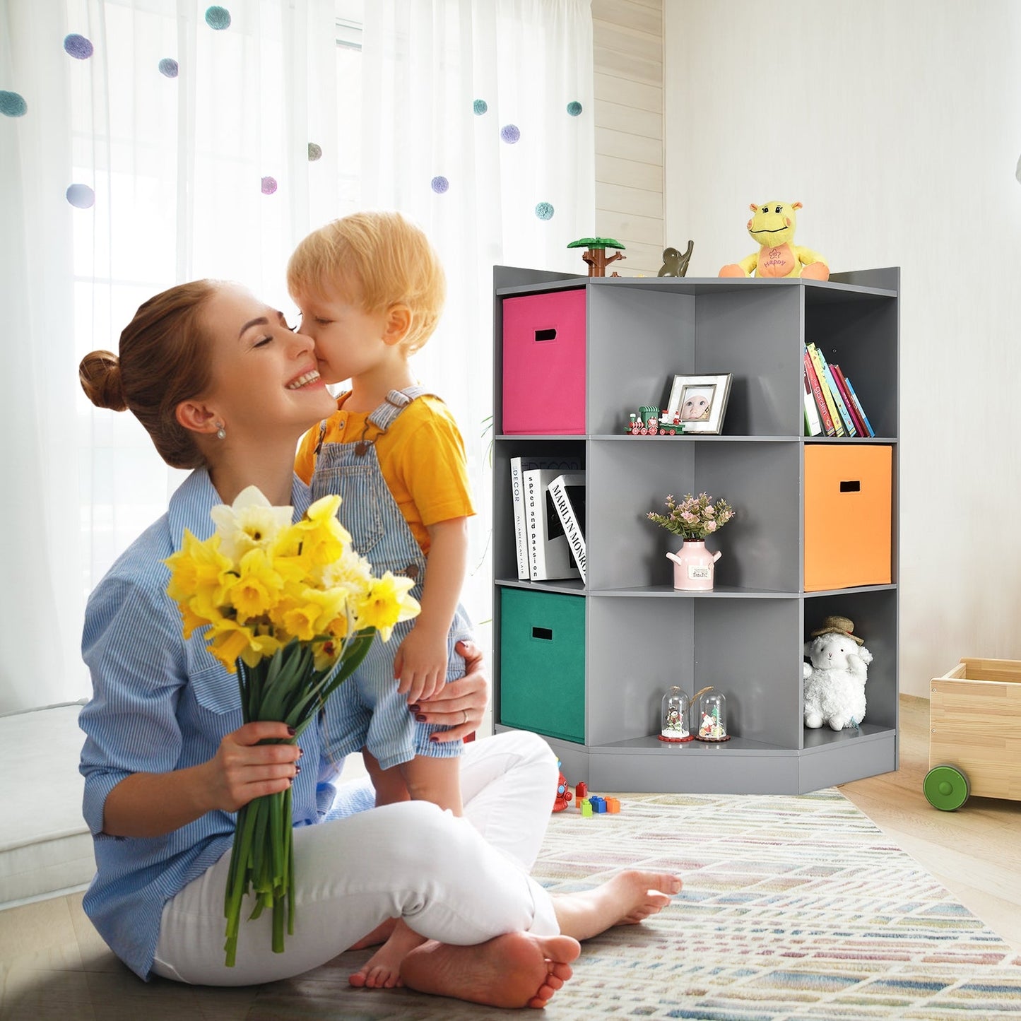 Étagère de rangement pour enfants à 3 niveaux avec paniers - Gris