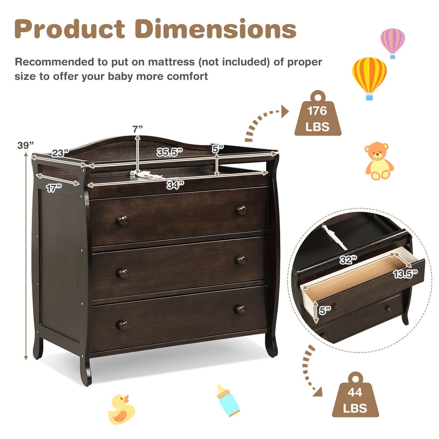 Premium Baby Changing Table with 3 Drawers and Safety Belt - Brown