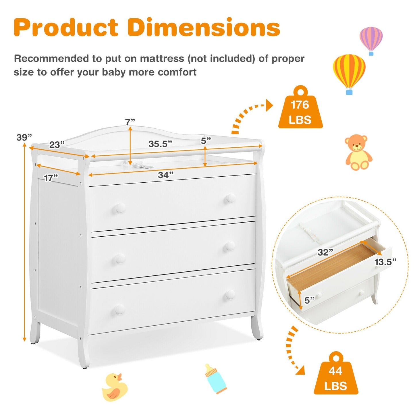 Premium Baby Changing Table with 3 Drawers and Safety Belt - White