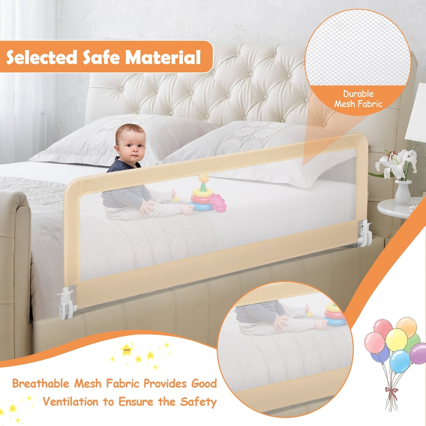 59 Inch Folding Baby Bed Rail Guard - Beige