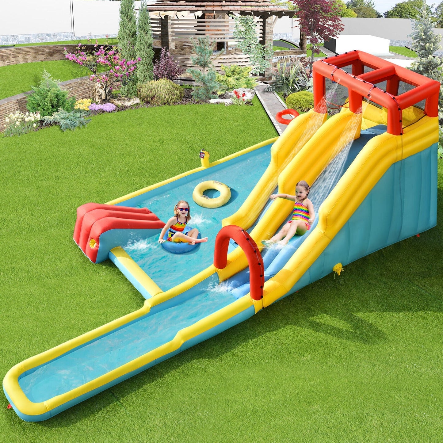 Parque Acuático Inflable de Doble Tobogán con Soplador de Aire
