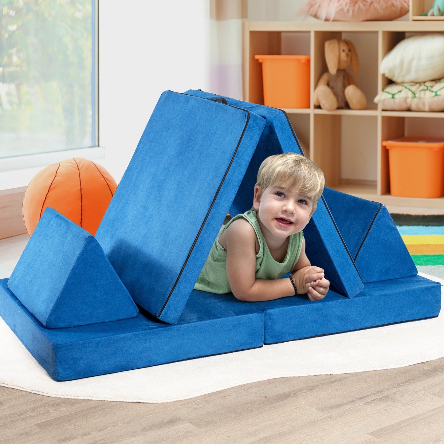 Ensemble de canapé convertible pour enfants en 4 pièces avec tapis pliants - Bleu