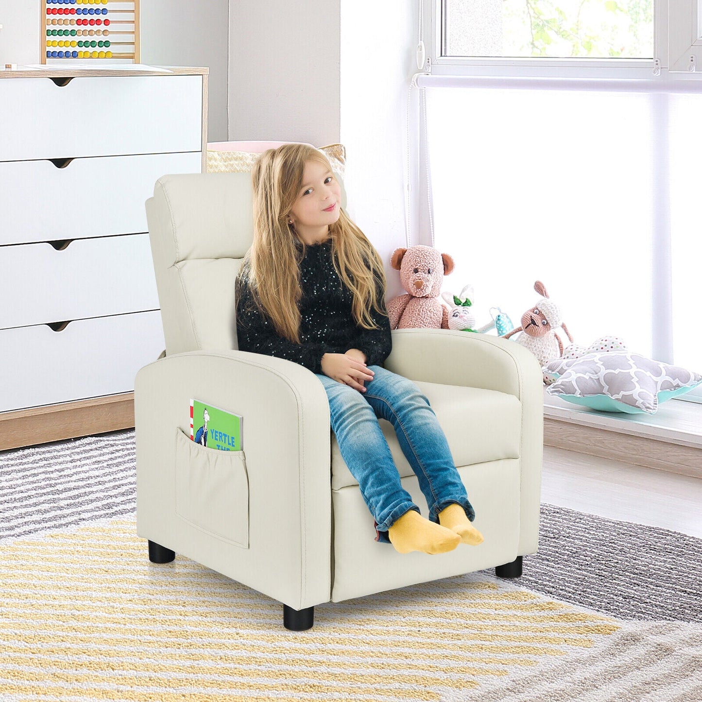 Ergonomic PU Leather Kids Recliner Sofa - White