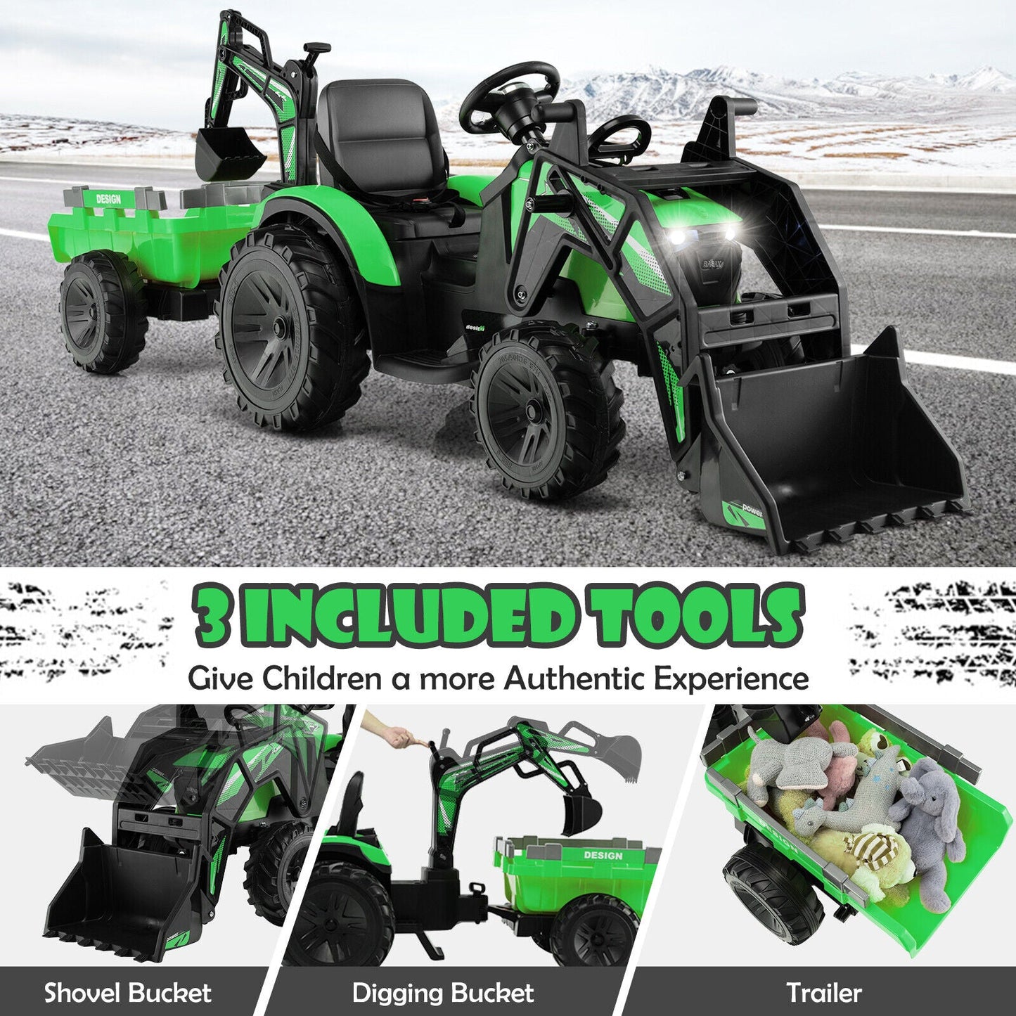 12V 3 in 1 Kids Ride On Excavator with Shovel - Green
